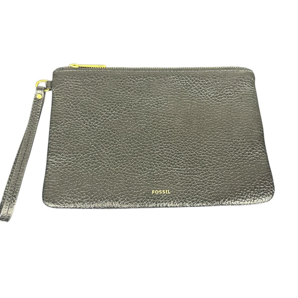 Fossil Black Pebbled Leather Wristlet Clutch Zip Pouch with Strap minimalist